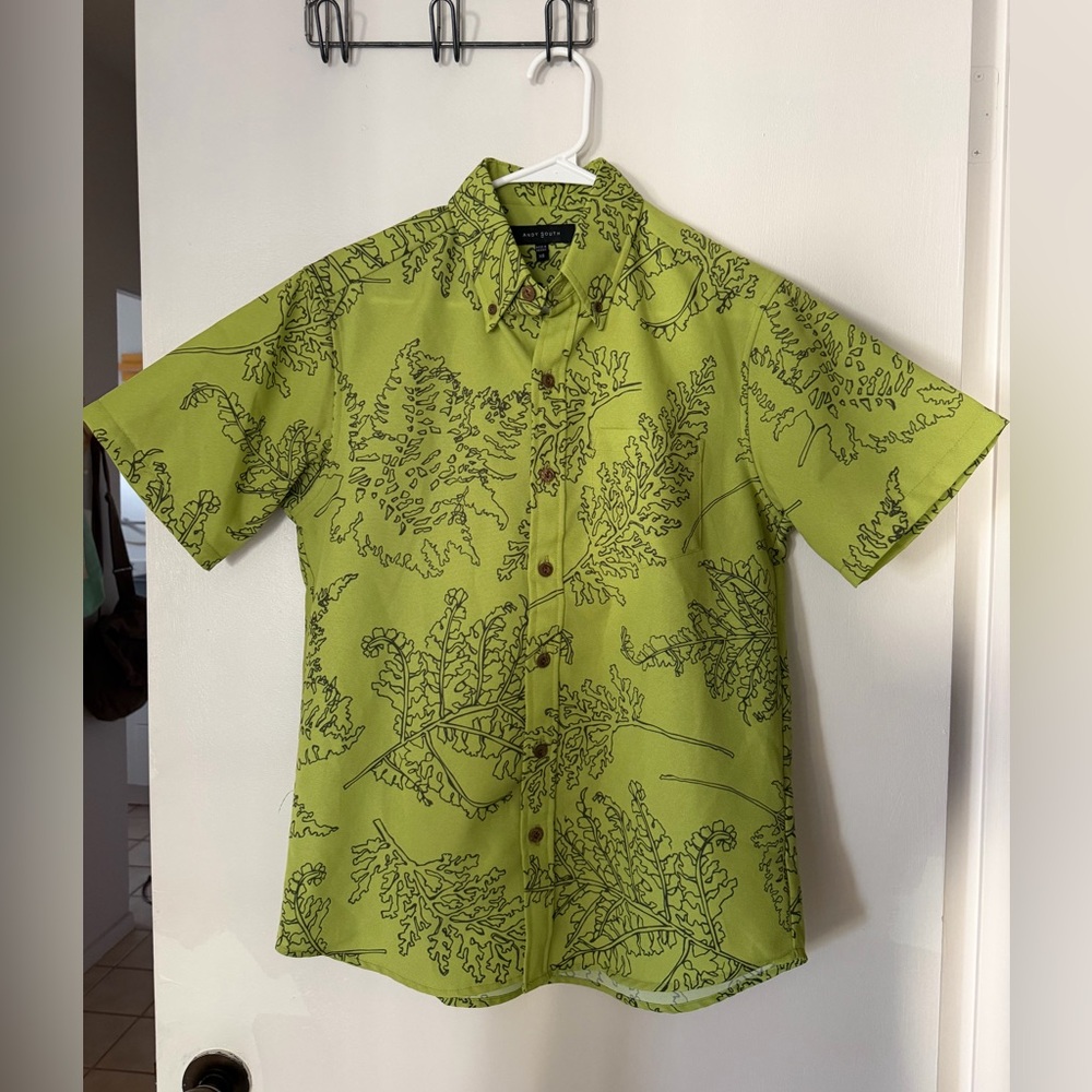 Andy South Hawaii Aloha Shirt Collared XS Green Fern All over print
